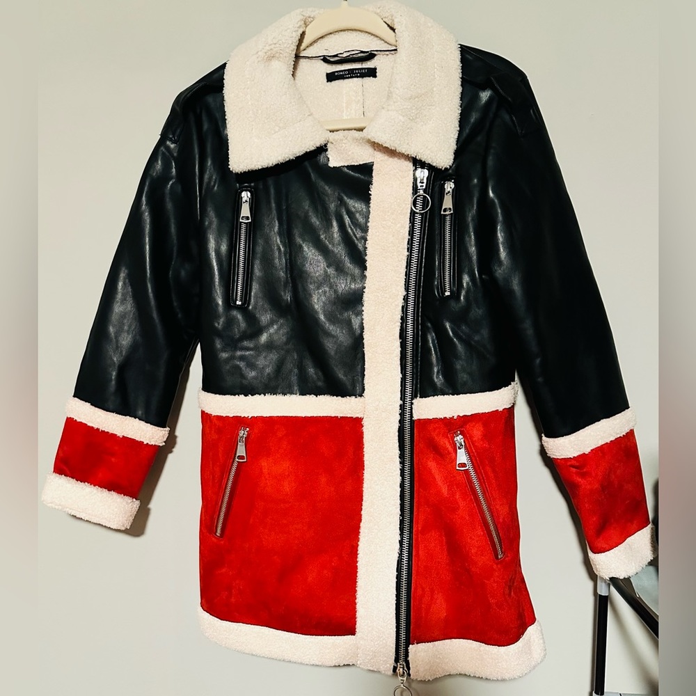 Romeo + Juliet Couture Sherpa 3/4 Red/Black Length Faux Leather Jacket Sz S